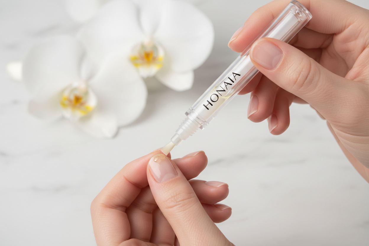 le stylo est transparents avec le nom de la marque au milieu de au milieu le produit est jaune clair